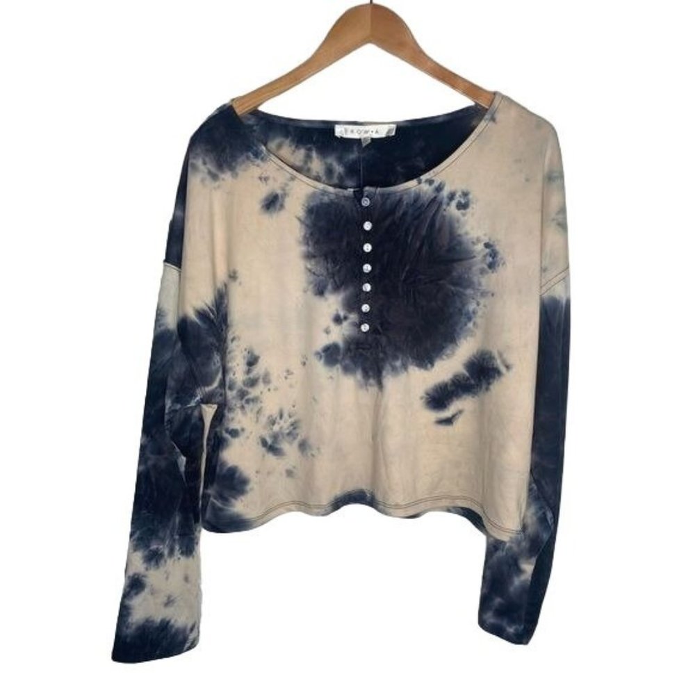 Ladies Rowa Tie-dye crop Blouse blue and tan size XL new with tags